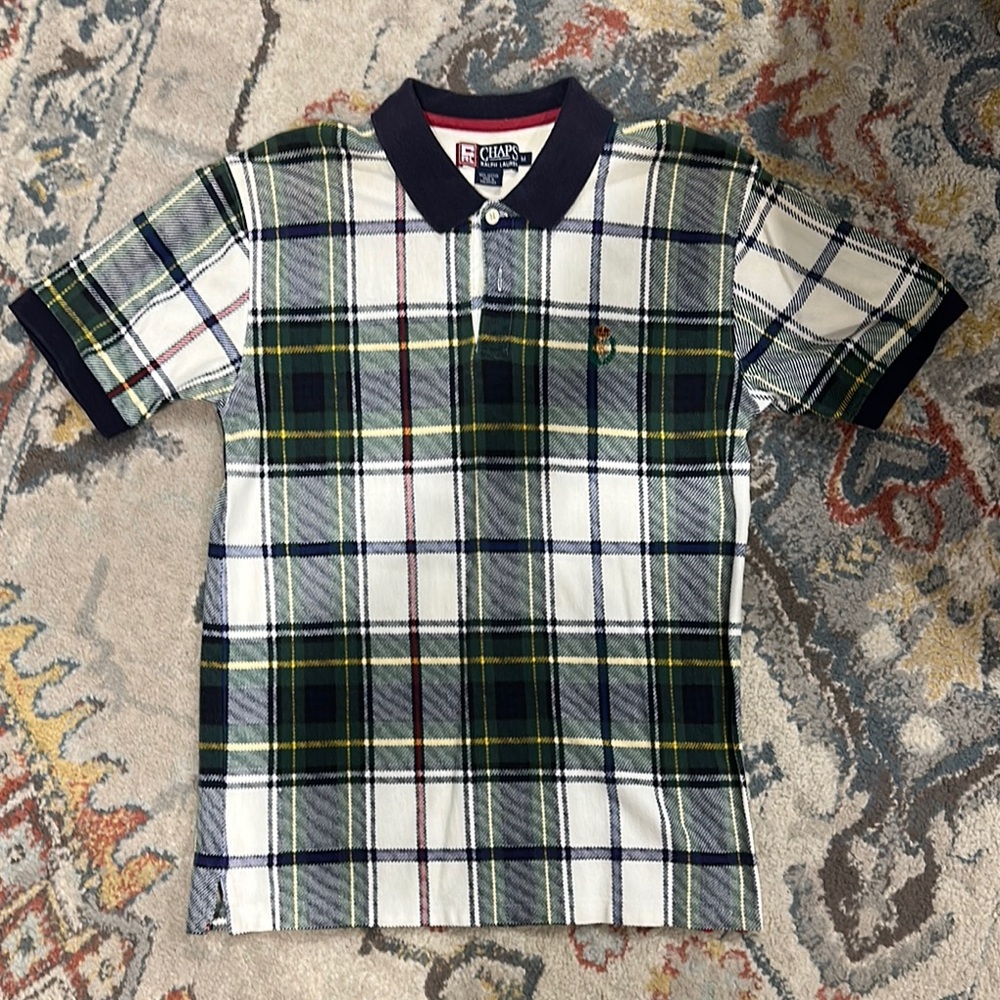 Chaps Green and White Plaid Polo Shirt
